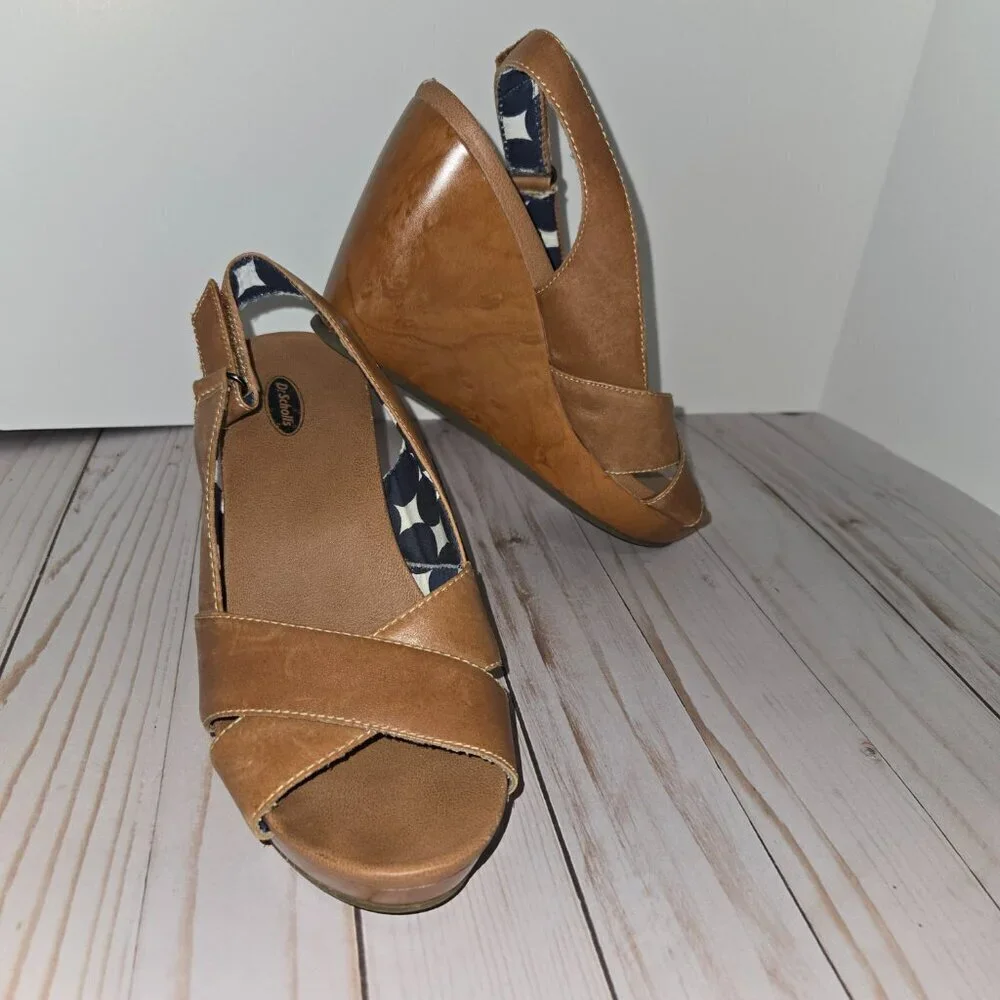 Dr. Scholl’s Melonie Tan Leather Wedge Sandals Women’s Size 8 Slingback